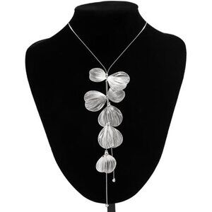 Boho Ginkgo Leaf Silver Y Necklace | Long Floral Pendant Jewelry.